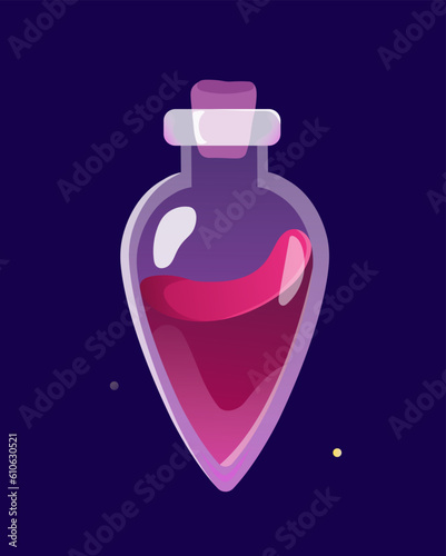 Witch potion in flask concept. Alchemy and magic, witchcraft, sorcery. Mystic and esoteric. Poster or banner for website. Cartoon flat vector illustration isolated on starry background