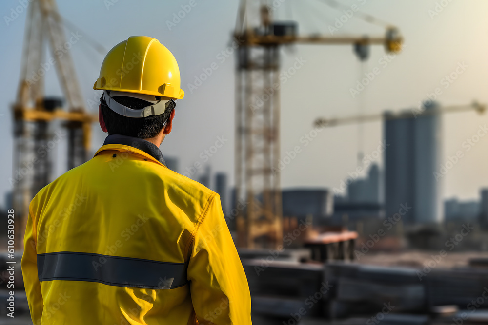 Ensuring Site Safety: Engineer in Full PPE with Tower Crane Background Ensuring Site Safety: Engineer in Full PPE with Tower Crane Background