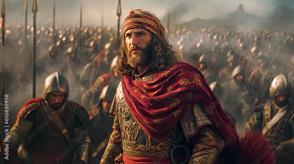 Fototapeta premium Colorful painting portrait art of the biblical King David in the battlefield. Christian illustration. Generative AI.