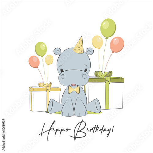 Birthday card invitation for kids. Happy hippo cute character with gifts and balloons vector illustration