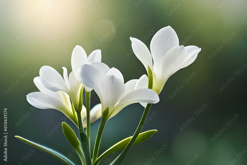 A cluster of white freesia flowers, emitting a sweet and intoxicating fragrance A cluster of white freesia flowers, emitting a sweet and intoxicating fragrance