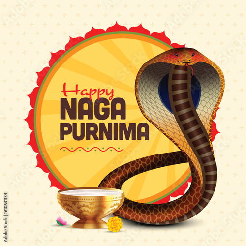 Vector illustration of Nag Panchami also called as naga purnima. snake with bowl of milk photo