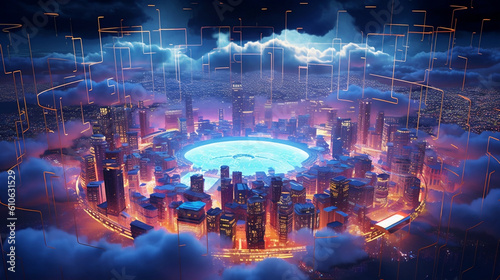 Sprawling Digital Cloud City Illuminated by Neon Lights  A Vibrant Representation of Expansive Cloud Computing and Virtualization Future. Generated AI