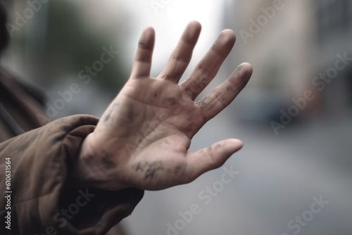 Outstretched hand of pathetic beggar with blurred face © alisaaa