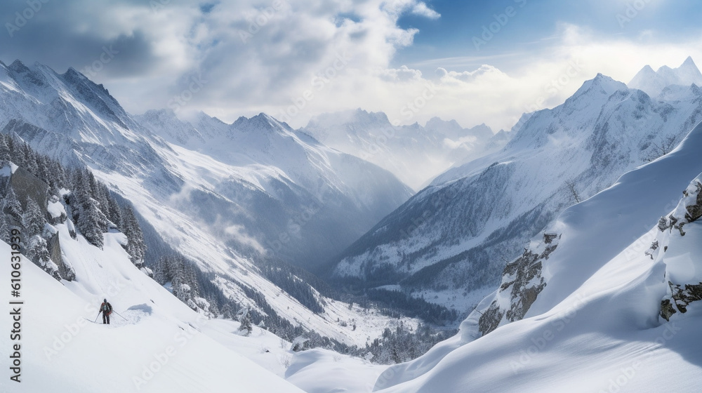 A mesmerizing shot of a backcountry skier navigating through untouched wilderness, surrounded by majestic mountain peaks and untouched powder Generative AI