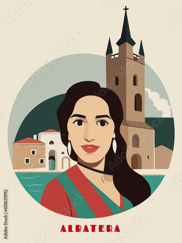 Albatera: Beautiful vintage-styled poster with a woman and the name Albatera in Valencia