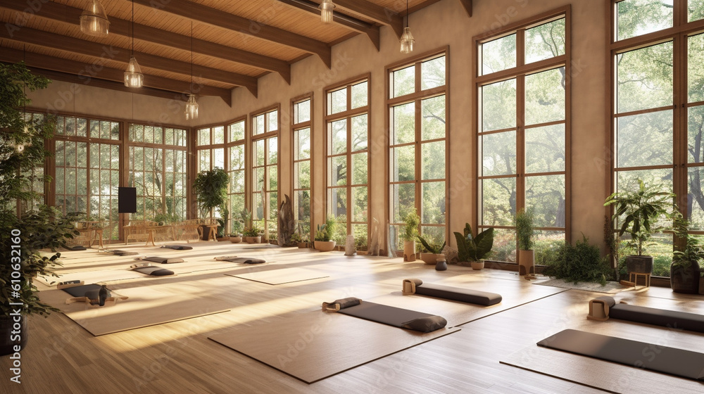 A nature-inspired yoga studio with natural wood finishes, large windows overlooking a serene garden, and living plant walls, providing a tranquil and grounding environment Generative AI A nature-inspired yoga studio with natural wood finishes, large windows overlooking a serene garden, and living plant walls, providing a tranquil and grounding environment Generative AI