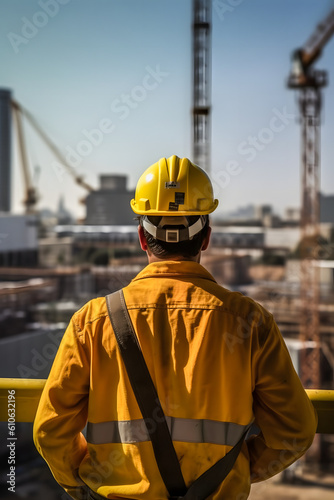 Construction Engineer's Perspective: Rear View in Full PPE at Work Site