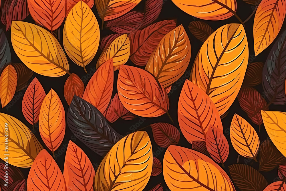background with seamless texture pattern of orange autumn leaves. Generative AI