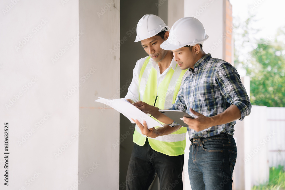 architect team on construction site inspection documents and business workflow in the morning. architect team on construction site inspection documents and business workflow in the morning.