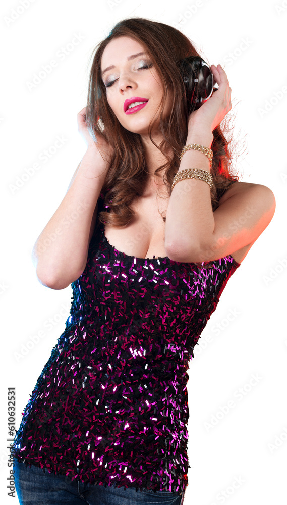 Beauty woman enjoying the music in the headphones Beauty woman enjoying the music in the headphones