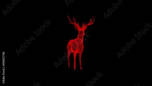 3D deer on black background. Object dissolved red flickering particles. Science concept. Abstract bg for title  presentation. Holographic screensaver. 3D animation
