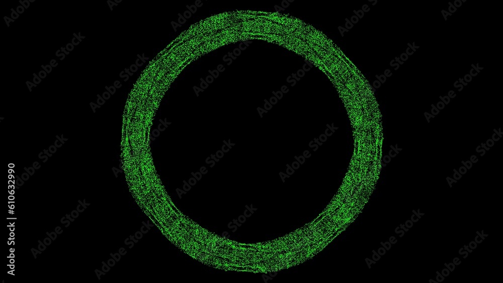3D fantastic ring on black background. Object dissolved green flickering particles. Science concept. Abstract bg for title, presentation. Holographic screensaver. 3D animation 3D fantastic ring on black background. Object dissolved green flickering particles. Science concept. Abstract bg for title, presentation. Holographic screensaver. 3D animation