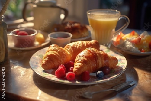 traditional breakfast with fresh croissants. Ai gerated