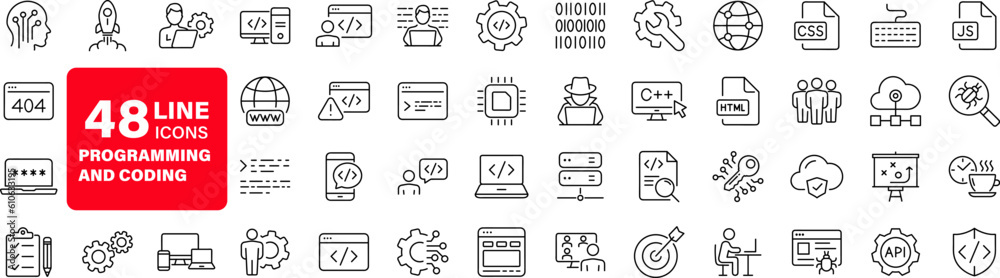 Programming coding set of web icons in line style. Software development icons for web and mobile app. Code, api, programmer, developer, information technology, coder and more. Vector illustration Programming coding set of web icons in line style. Software development icons for web and mobile app. Code, api, programmer, developer, information technology, coder and more. Vector illustration