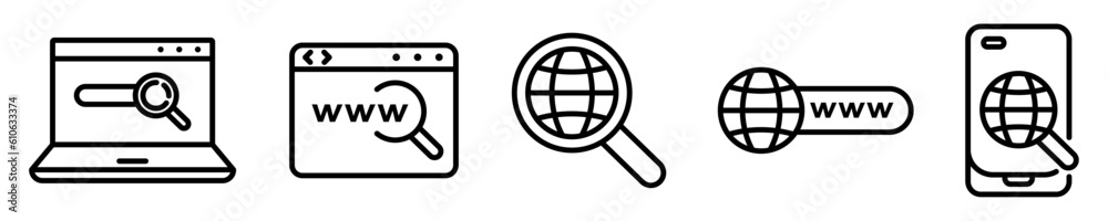Conjunto de iconos de investigación en internet. Información web, en línea. Ilustración vectorial Conjunto de iconos de investigación en internet. Información web, en línea. Ilustración vectorial