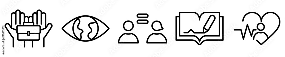 Conjunto de iconos de desarrollo sostenible. Trabajo, cuidado del planeta, igualdad, educación de calidad, salud y bienestar. Ilustración vectorial Conjunto de iconos de desarrollo sostenible. Trabajo, cuidado del planeta, igualdad, educación de calidad, salud y bienestar. Ilustración vectorial