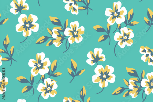Seamless floral pattern, decorative ditsy print with vintage motif. Artistic botanical design for fabric, paper: small hand drawn flowers, leaves on a blue background. Vector illustration.