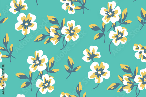 Seamless floral pattern  decorative ditsy print with vintage motif. Artistic botanical design for fabric  paper  small hand drawn flowers  leaves on a blue background. Vector illustration.