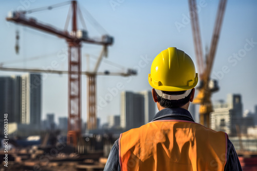 Building Construction: Engineer in Full PPE Observing Site with Tower Crane Background