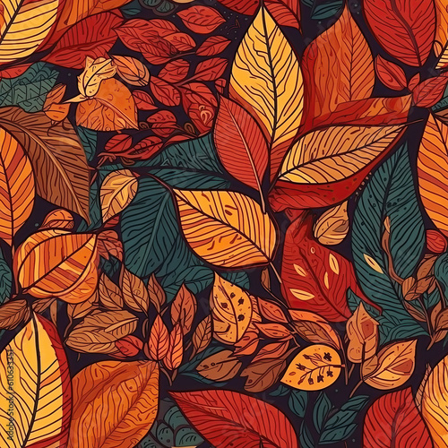 texture with seamless pattern of autumn leaves. Generative AI