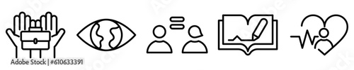 Conjunto de iconos de desarrollo sostenible. Trabajo, cuidado del planeta, igualdad, educación de calidad, salud y bienestar. Ilustración vectorial