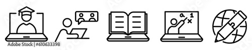 Conjunto de iconos de educación virtual. Aprendizaje electrónico, en línea. Estudio a distancia, clase online, libro electrónico, destreza educativa. Ilustración vectorial