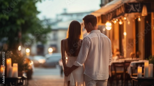 romantic couple in white clothes walk on street at summer evening ,people relax with glass of sparkling wine in street cafe ,windows light reflection ,flowers on street,generated ai © Aleksandr