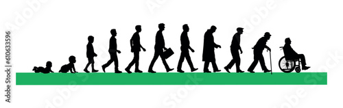 Life cycles of man from a little baby to senior man vector silhouettes.