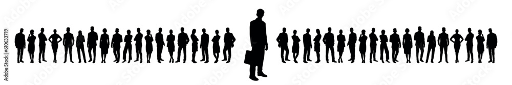 Confident businessman holding briefcase while standing in front of large group of business people vector silhouette.
