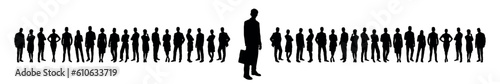 Confident businessman holding briefcase while standing in front of large group of business people vector silhouette.