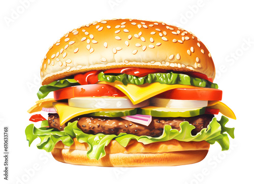 Fresh tasty burger isolated on transparent background. PNG format