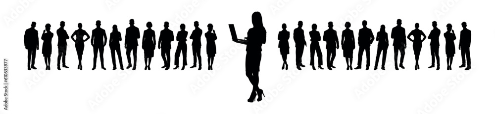 Business woman standing with laptop in front of large group of business people vector silhouettes.