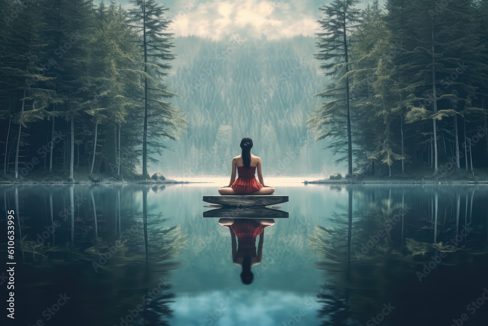 Woman practicing yoga in lake in the woods