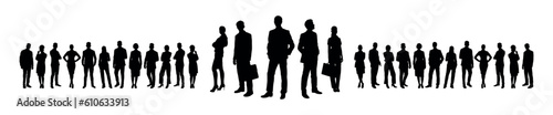 Confident business team standing and posing in front of business people vector silhouettes.