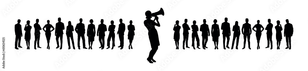 Businesswoman speaks through megaphone speaker in front of crowd business people silhouettes