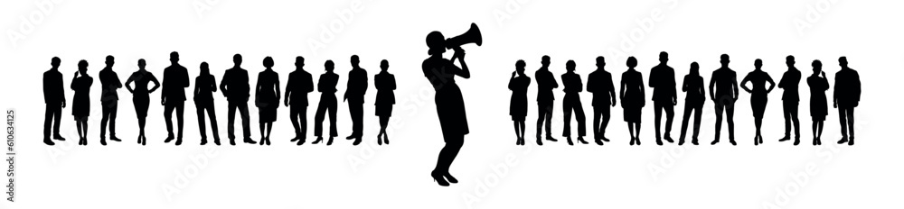 Businesswoman speaks through megaphone speaker in front of crowd business people silhouettes Businesswoman speaks through megaphone speaker in front of crowd business people silhouettes