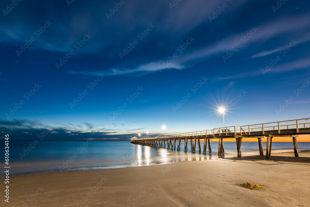 Henley Beach jetty illuminated at night, South Australia