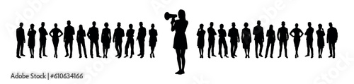 Businesswoman speaking through megaphone speaker in front of crowd business people silhouettes