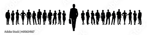 Businessman with briefcase walking toward camera in front of large group of business people vector silhouettes.