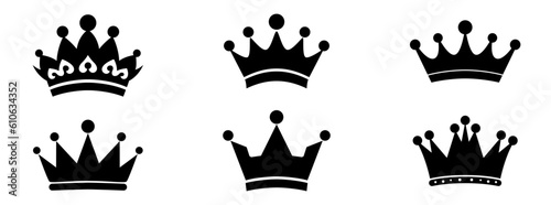 Crown icon. Black king crown symbol. Set of isolated crown icons.