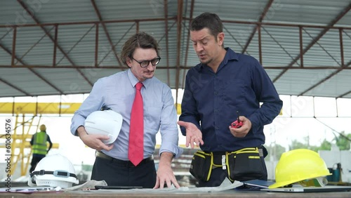 Architects and engineers have a heated argument while discussing plans at construction site.