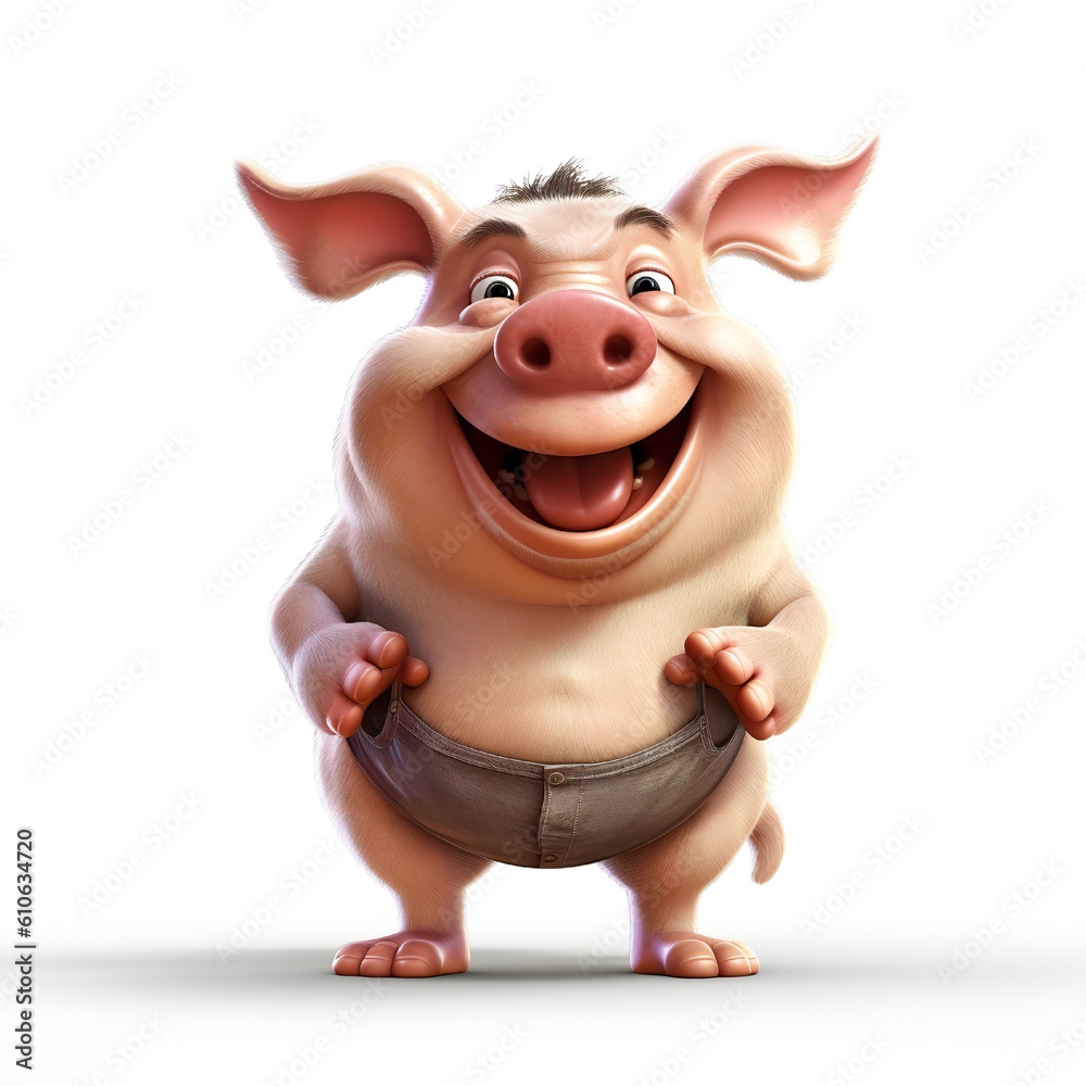 Naklejka premium Smiley face funny cartoon pig mascot on white background Generative AI