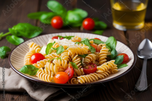 pasta with tomatoes and basil salad pasta on a table 