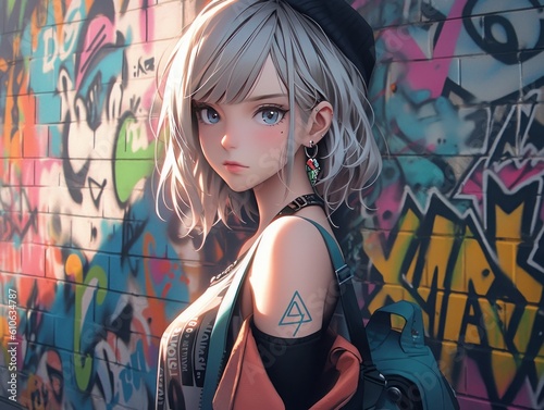 anime short white hairs woman with graffiti illustration created with geneartive AI techonology