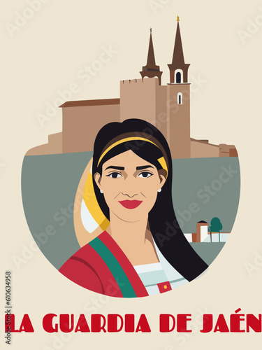 La Guardia de Jaén: Beautiful vintage-styled poster with a woman and the name La Guardia de Jaén in Andalusia