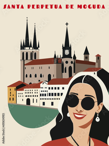 Santa Perpetua de Moguda: Beautiful vintage-styled poster with a woman and the name Santa Perpetua de Moguda in Catalonia
