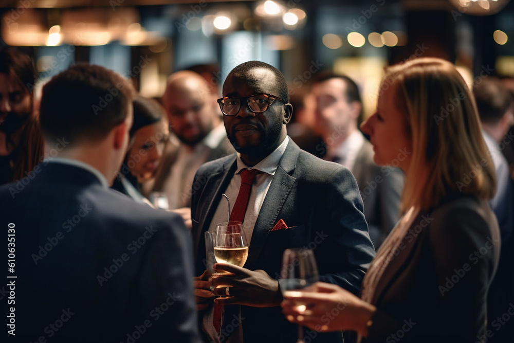 Colleagues networking at a company event. Business, situations in the office, bokeh Generative AI