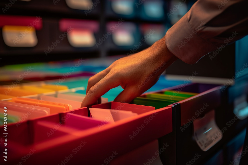 An employee organizing files in a filing cabinet. Business, situations in the office, bokeh Generative AI An employee organizing files in a filing cabinet. Business, situations in the office, bokeh Generative AI