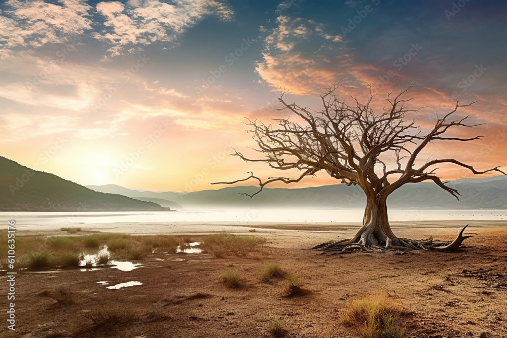 Fototapeta premium Lone Tree in Middle of Desert at Sunset - AI Generative